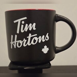 🍁Tim Hortons Black Ceramic Coffee Mug Red Interior Maple Leaf Logo Cup